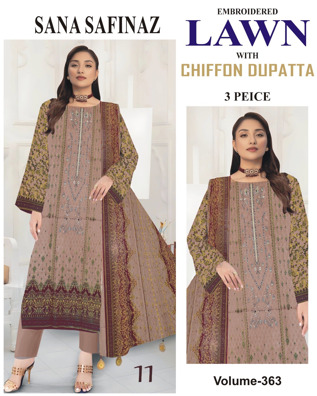 Different Brands Emb Lawn 3Pc Suit
