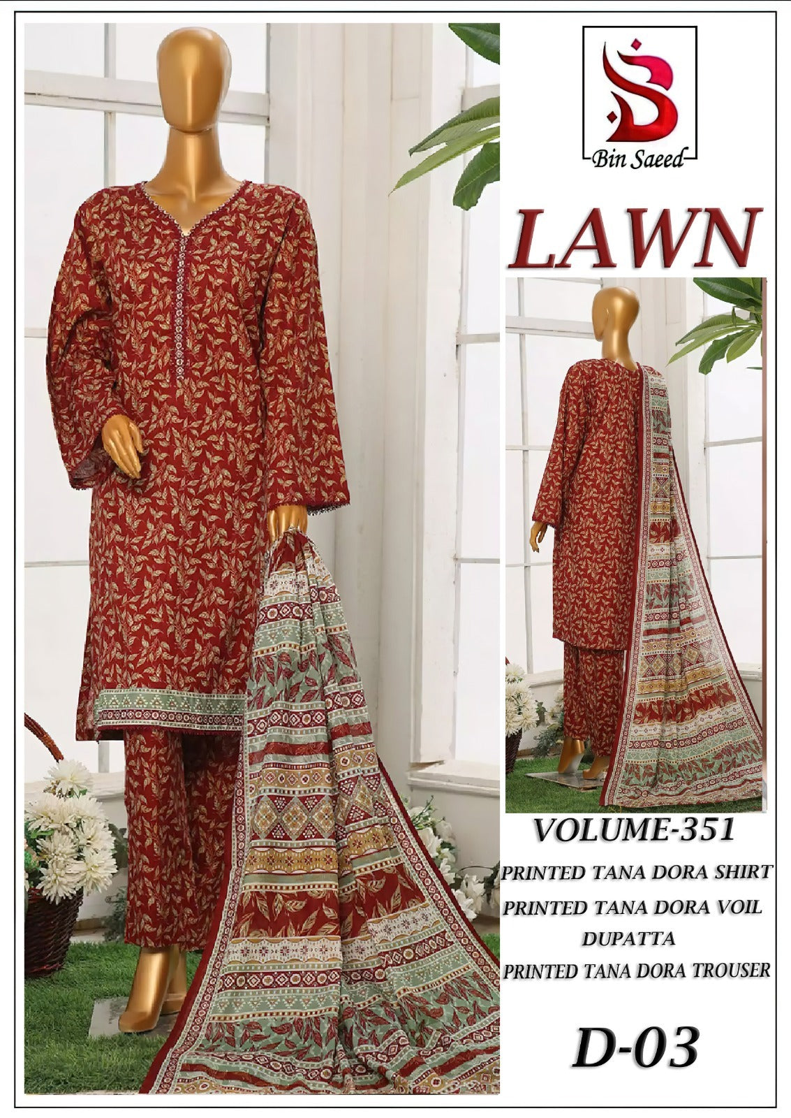 Bin Saeed Tana Dora Lawn 3Pc Suit