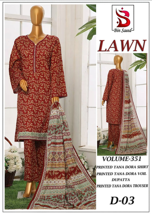 Bin Saeed Tana Dora Lawn 3Pc Suit