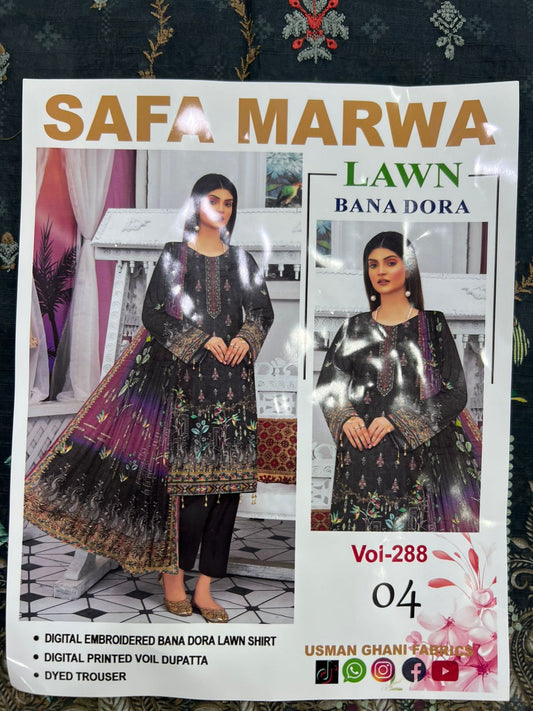 Safa Marwa Bana Dora Fine Quality Lawn 3PC Unstitched Suit