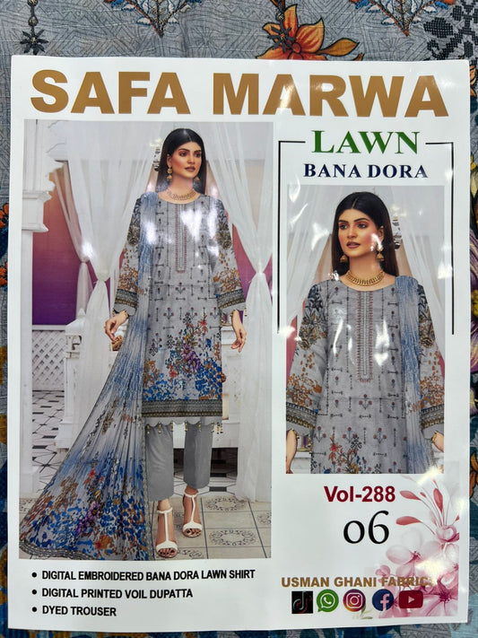 Safa Marwa Bana Dora Fine Quality Lawn 3PC Unstitched Suit