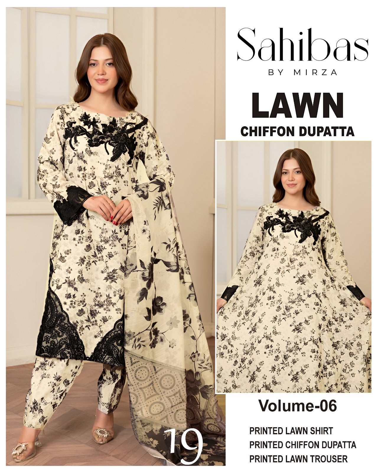Sahibas by Mirza Lawn 3pc Suit with chiffon Dupatta