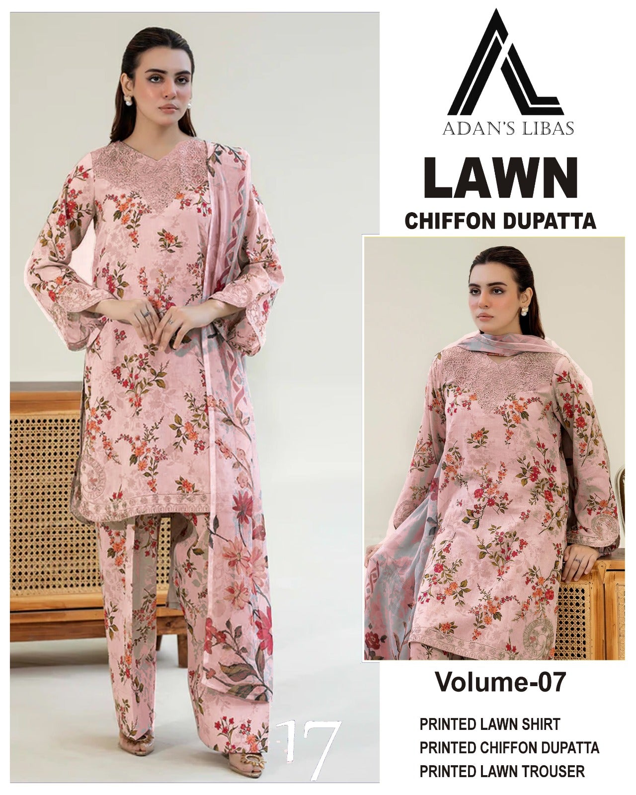 Adan Libas Printed Lawn 3PC With Chiffon Dupatta