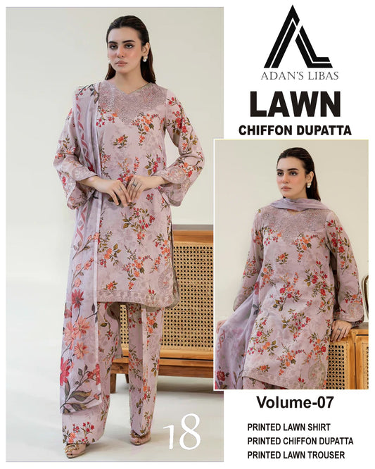 Adan Libas Printed Lawn 3PC With Chiffon Dupatta