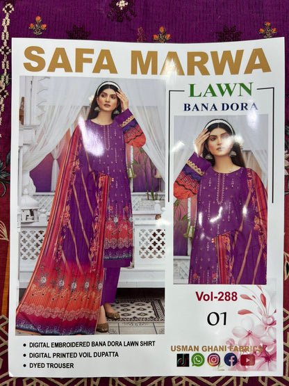 Safa Marwa Bana Dora Fine Quality Lawn 3PC Unstitched Suit