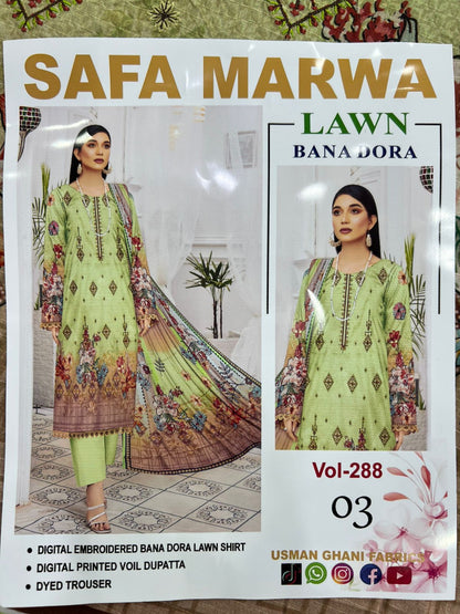 Safa Marwa Bana Dora Fine Quality Lawn 3PC Unstitched Suit