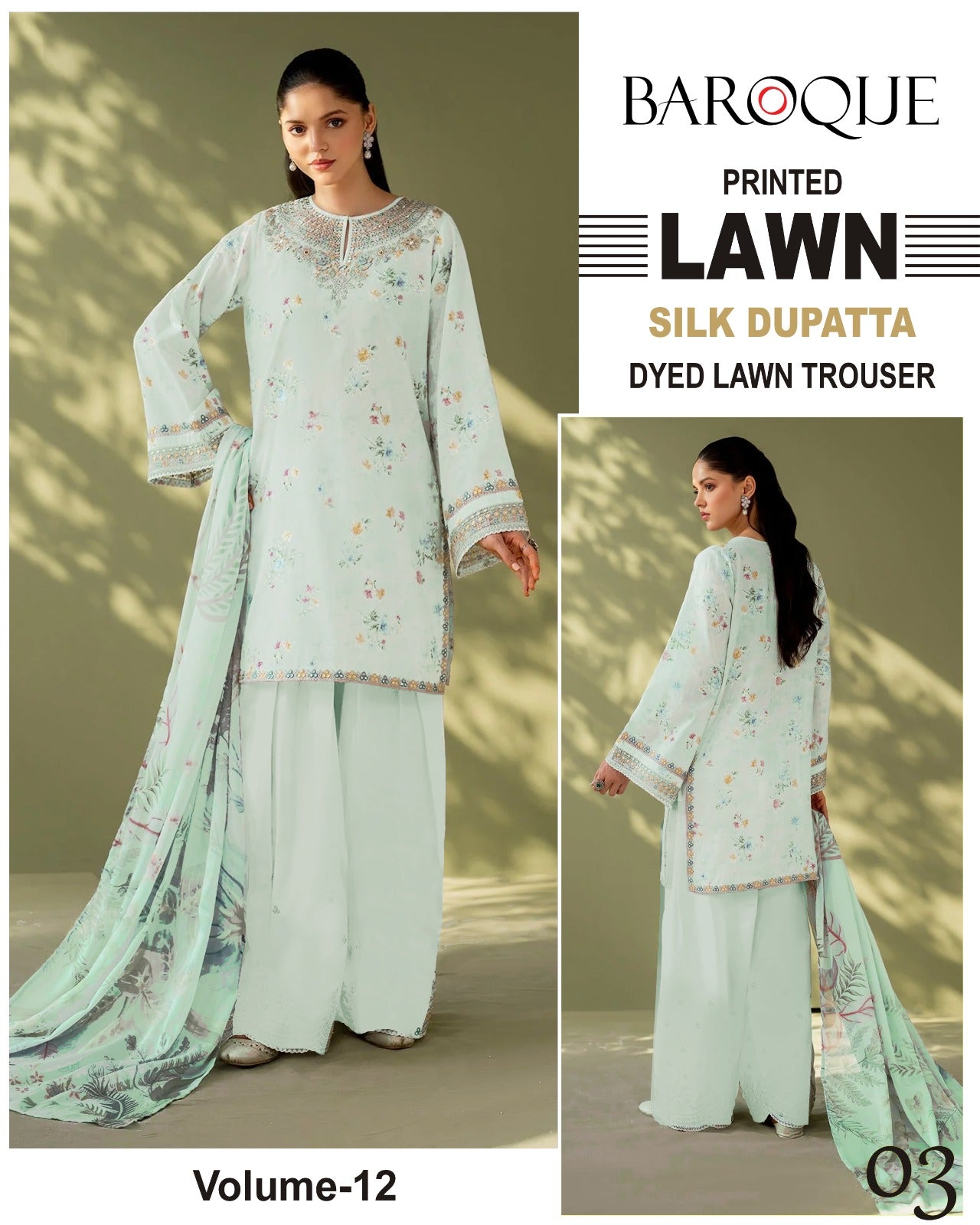 Baroque Printed Lawn 3PC With Silk Dupatta