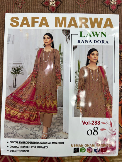 Safa Marwa Bana Dora Fine Quality Lawn 3PC Unstitched Suit