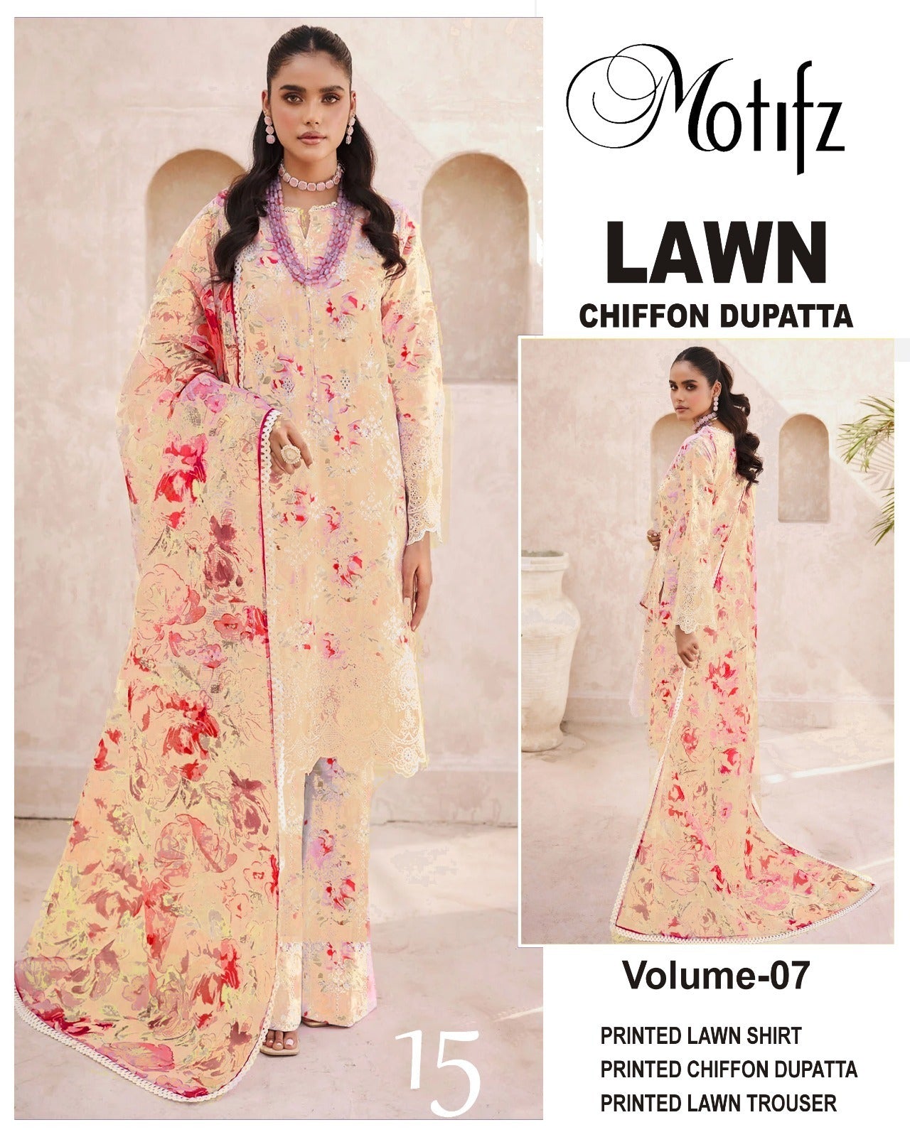 Motifz Printed Lawn 3PC With Chiffon Dupatta