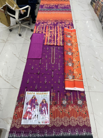 Safa Marwa Bana Dora Fine Quality Lawn 3PC Unstitched Suit