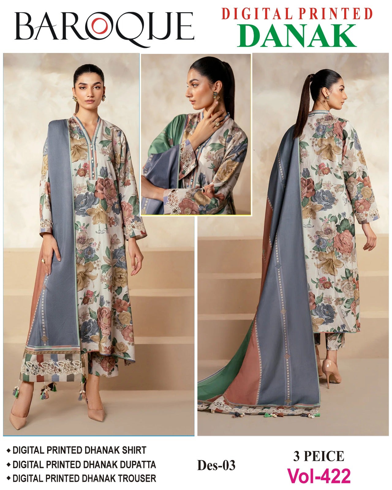 Luxury Barouqe Dhanak 3-PC Collection
