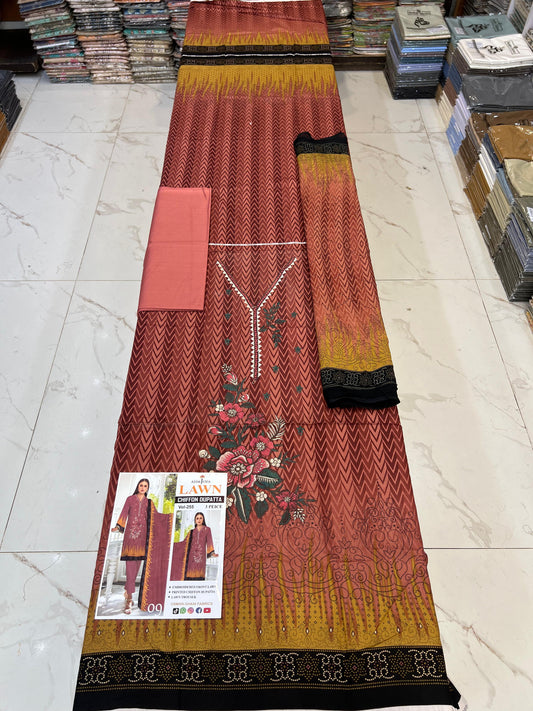 Lawn Embroidered Suit With Chiffon Dupatta