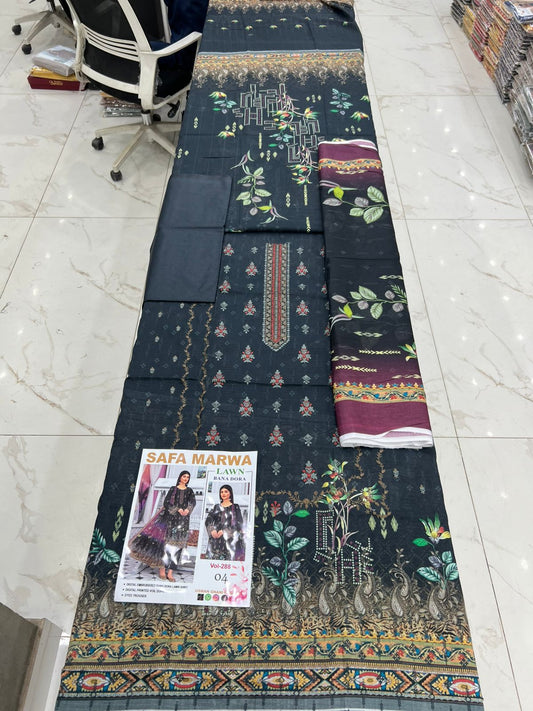 Safa Marwa Bana Dora Fine Quality Lawn 3PC Unstitched Suit