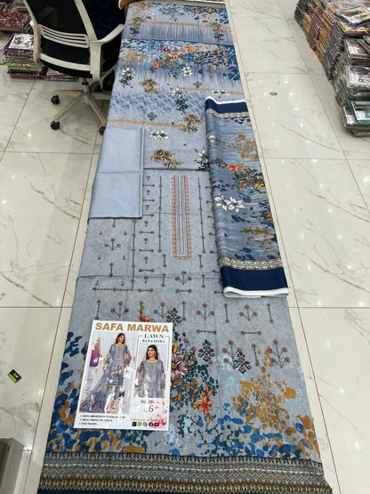 Safa Marwa Bana Dora Fine Quality Lawn 3PC Unstitched Suit