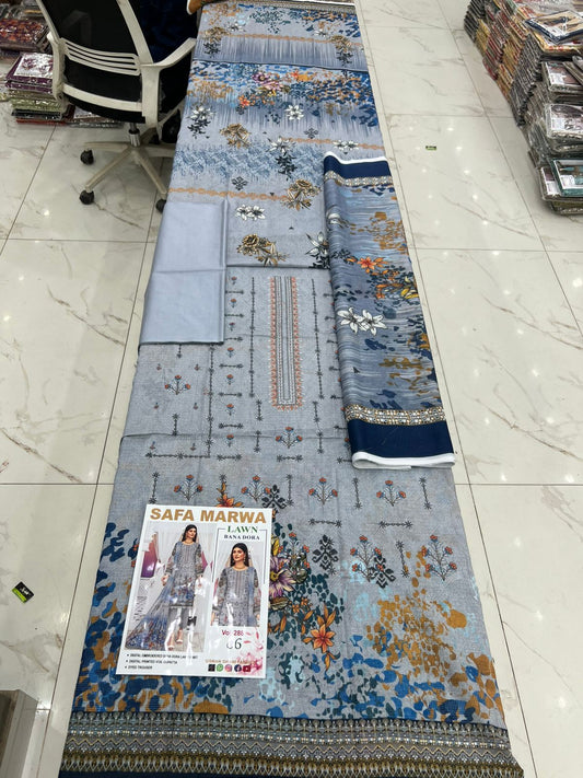 Safa Marwa Bana Dora Fine Quality Lawn 3PC Unstitched Suit