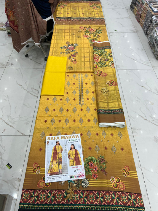 Safa Marwa Bana Dora Fine Quality Lawn 3PC Unstitched Suit