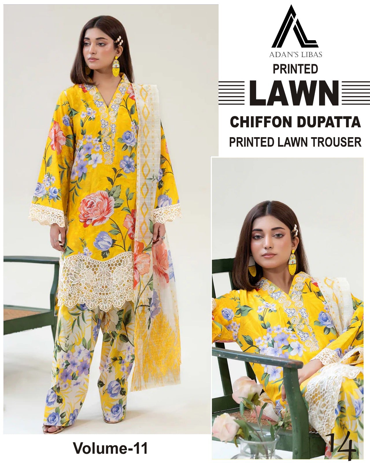 Adan Libas Lawn 3pc Suit with chiffon Dupatta